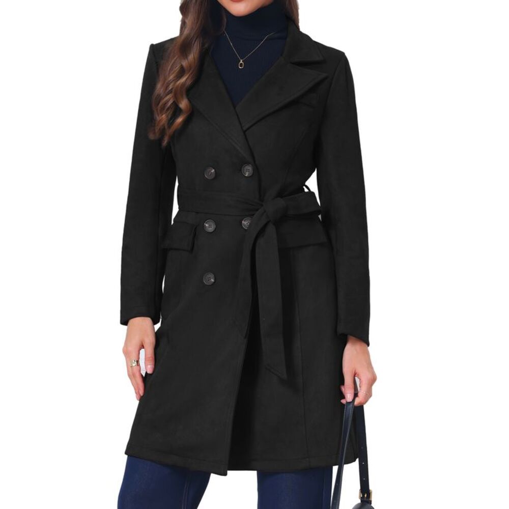 Women's Faux Suede Trench Coat Notched Lapel Mid-Long Overcoat Black